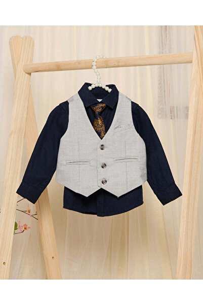 REDTAG Infant Boys Grey Vest And Navy Shirts With Printed Tie Set (3 Piece)
