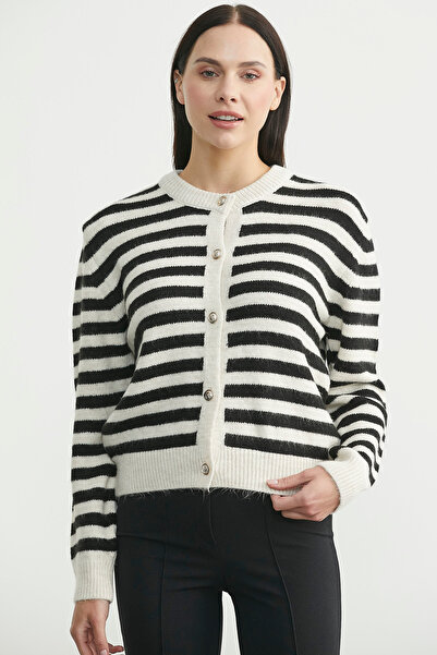 Sementa Striped Metal Button Knitwear Cardigan - Black