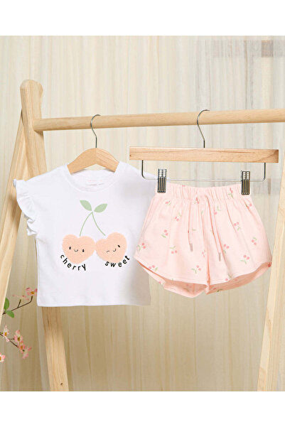 REDTAG Infant Girls White Cherry Embroidered Short Set