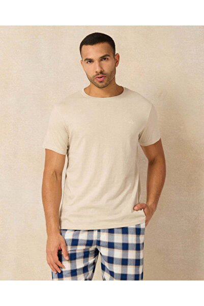 REDTAG Men Beige And Navy Checkered Pyjama Set (2 Piece)