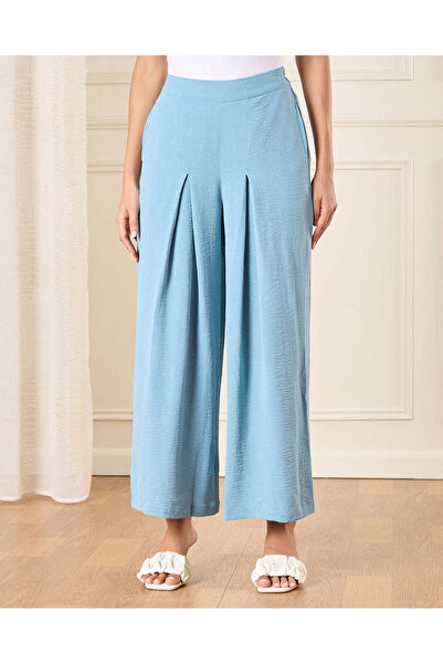 REDTAG Women Plain Blue Wide Leg Casual Trouser