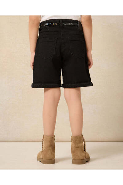 REDTAG Girls Black Folded Bottom Shorts With A Belt