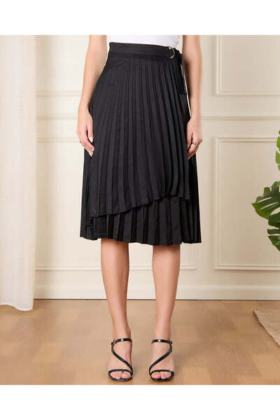 REDTAG Women Black Solid Pleated Skirt
