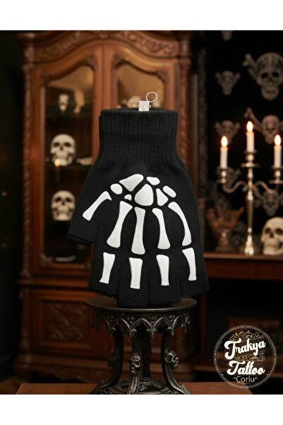 Trakya Tattoo Unisex Baskılı Kesik Parmak Eldiven Gotik Kurukafa Eldiven