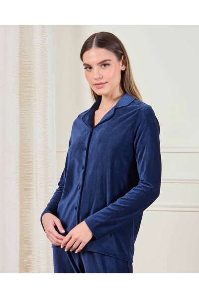 REDTAG Women Navy Velour Solid Pyjama Set (2 Piece)