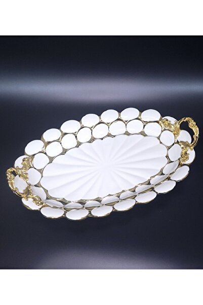 Alara Gümüş Porselen Metal Kulplu Sunum Oval 36x22 cm | Söz, Nişan, Hediye ve...