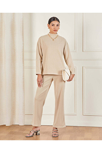 REDTAG Women Beige Knitted Wide Leg Trousers