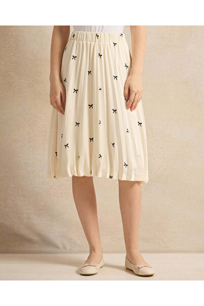 REDTAG Senior Girls White Sateen Bow Printed Pleated Skirt