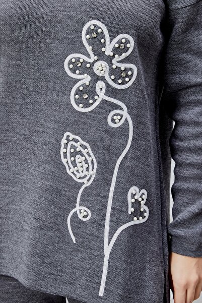 Jinx Wear Fashion Daisy Embroidery Pearl Detailed Acrylic Knitwear Set with Top and Bottom Pants