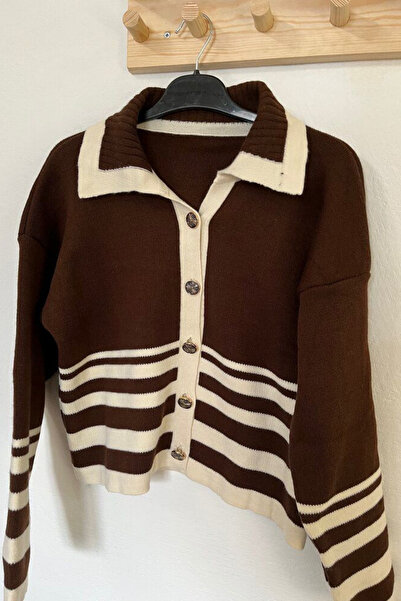 Swana Cardigan tricotat cu nasturi și dungi, cu guler polo, pentru femei