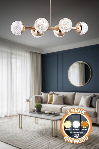 ŞL Şef Light Modern Tasarım Gold 6'li 3 Renk Işık (Beyaz Işık -Sarı Işık - Gün Işığı) Ledli Kumandalı Avize