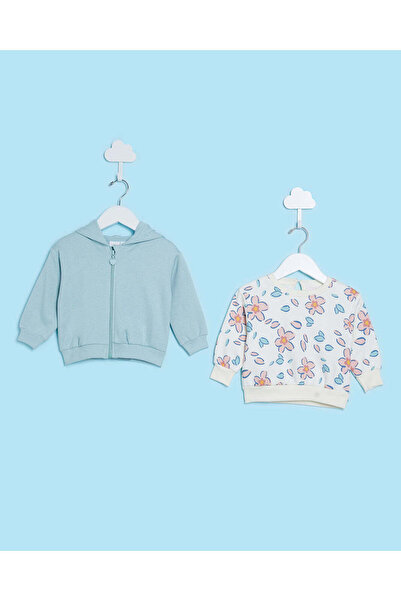 REDTAG Infant Girls Ivory And Blue Print Hooded Sweatshirt Set (Pack of 2)