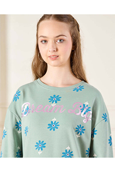 REDTAG Senior Girls Green Floral Drop Shoulder Sweatshirt