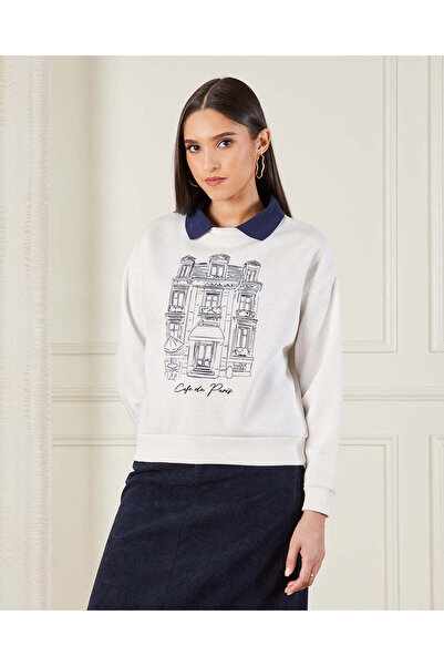 REDTAG Women Beige Collared Printed Sweatshirt