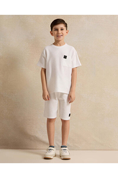 REDTAG Boys White Jacquard T-Shirt With Shorts Set (2 Piece)
