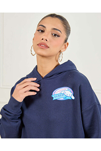 REDTAG Women Navy Cinnamoroll Printed Hooded Sweatshirt