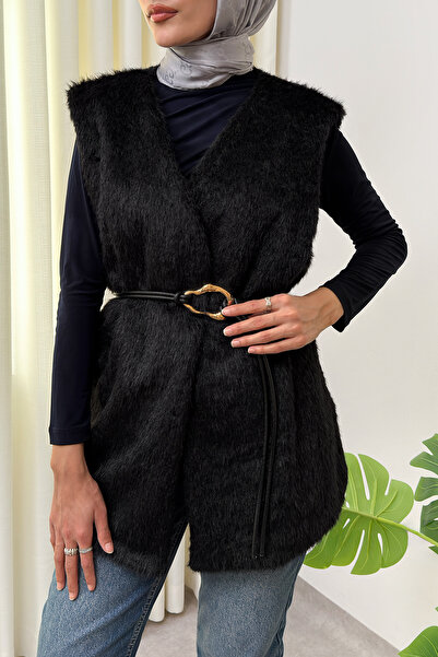 Salih Çelebi Belted Fur Vest 2910 - Black