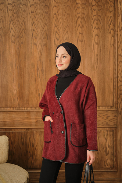 LOCCO Kadın Deri Detay Peluş Hırka Bordo