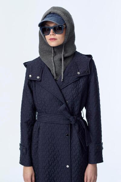 Zühre Hooded Patterned Belted Navy Blue Wear It Out 13976