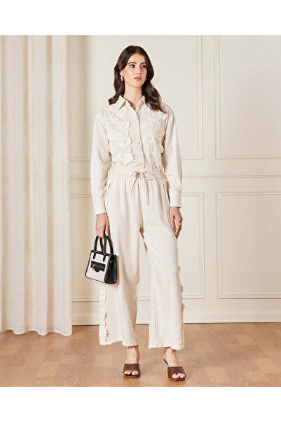 REDTAG Women Cream Lace Detailed Wide Leg Trousers