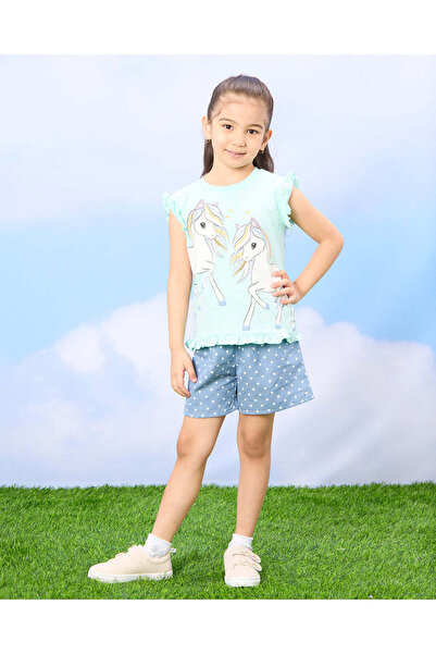 REDTAG طقم تي شيرت وشورت مطبوع عليه يونيكورن أزرق للبنات (قطعتين)