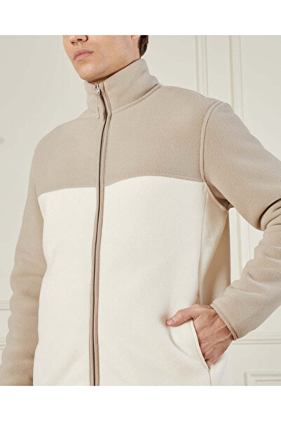 REDTAG Men Ivory Sherpa Zipper Sweatshirt