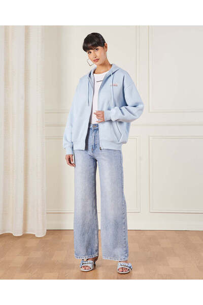 REDTAG Women Blue Back Printed Hooded Sweatshirt