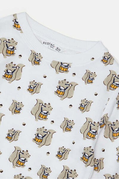 REDTAG Infant Boys White And Mustard Printed Sweatshirt Set (2 Piece)