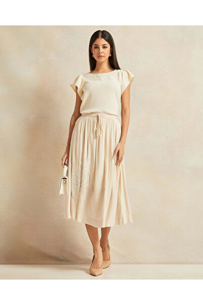 REDTAG Women Beige Floral Embroidered Gathered Skirt