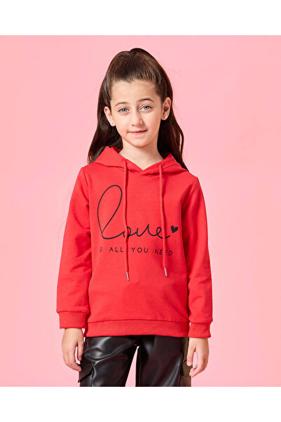 REDTAG Girls Red Printed Hooded Sweatshirt