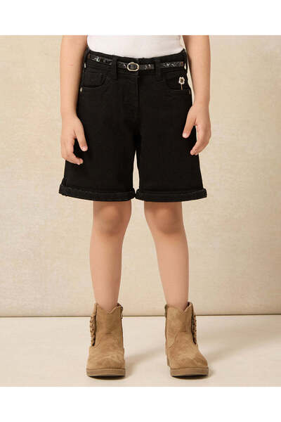 REDTAG Girls Black Folded Bottom Shorts With A Belt