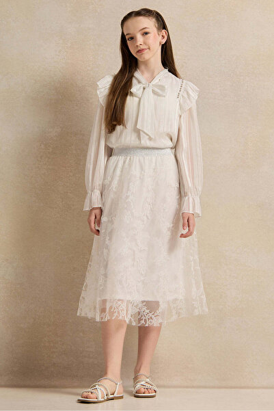 REDTAG Senior Girls White Mesh Embellished Tulle Skirts