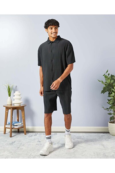 REDTAG Men Black Ribbed Lounge Shorts