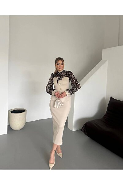 Siseniorita Women's Elegant Midi Dress with Jacket Top and Leopard Printed Sleeves, High Collar with Bow