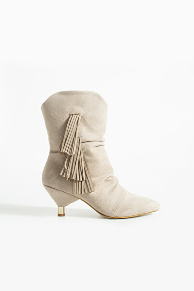 Gökçe Shoes Niall Bej Süet Püskül Detay Kadın Tasarım Topuku Bot
