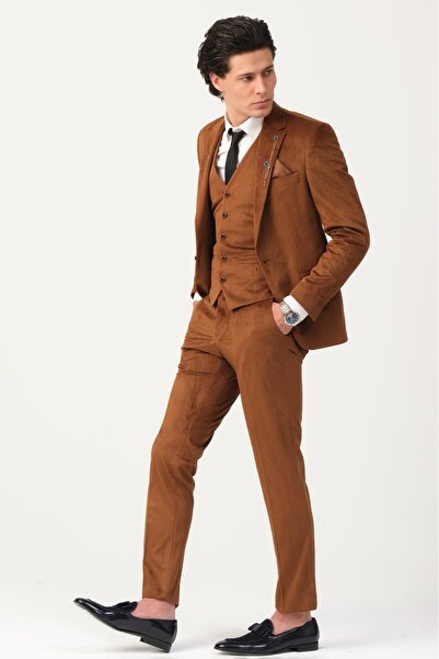 Plus Scorpion Taba Fitilli Kadife Erkek Takım Elbise – 3 Parça Yelekli, Şık ve Modern Slim Fit Kesim