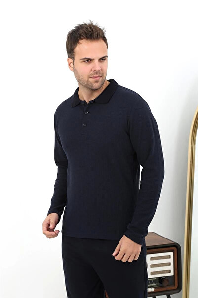 alfa expres Clothing Men's Polo Neck Long Sleeve Combed Cotton Pajama Set Navy Blue