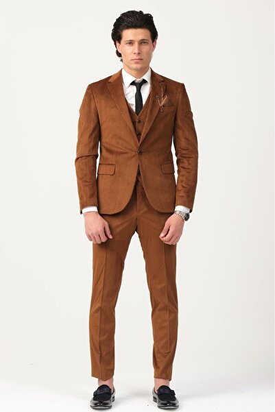 Plus Scorpion Taba Fitilli Kadife Erkek Takım Elbise – 3 Parça Yelekli, Şık ve Modern Slim Fit Kesim