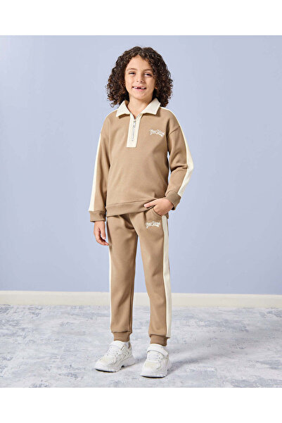 REDTAG Boys Beige Collared Sweatshirt With Active Pants (2 Piece)