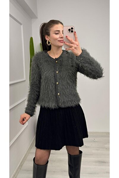 TUNAM BUTİK 4938 Gold Button Detailed Soft Cardigan Anthracite