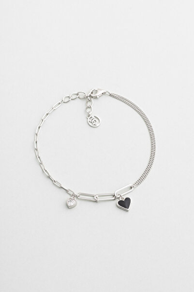 So CHIC... Siyah Kalp 18 Ayar Beyaz Altın Kaplama 19 Cm Gümüş Minimal Bileklik