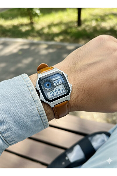 MACON Men’s Digital Sports Watch, Silver Square Black Dial, Caramel shade Leather Strap, Alarm