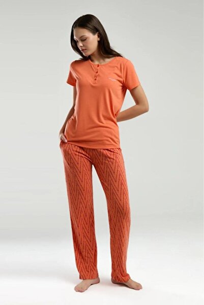 Pierre Cardin 8993 Kadın Turuncu Etnik Desenli Yarım Düğmeli Yarım Kol Pijama...