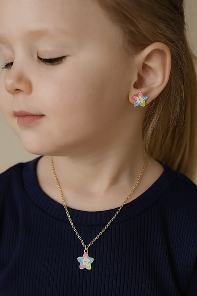 Le Mabelle Çok Renkli Çiçek Figürlü Kız Çocuk Kolye ve Küpe Set