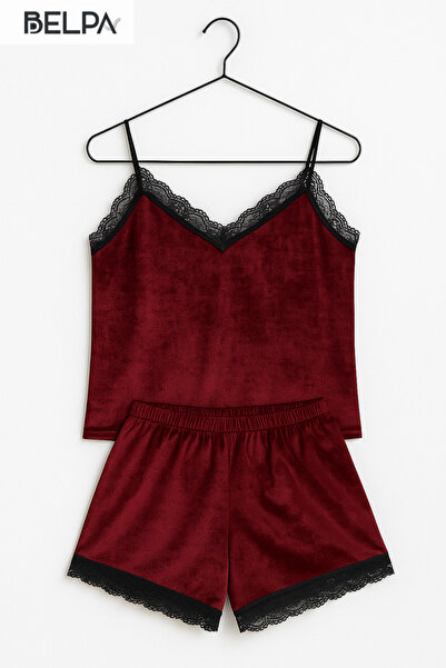 belpa Set de pantaloni scurți cu detaliu din dantelă din catifea Sıla Sella