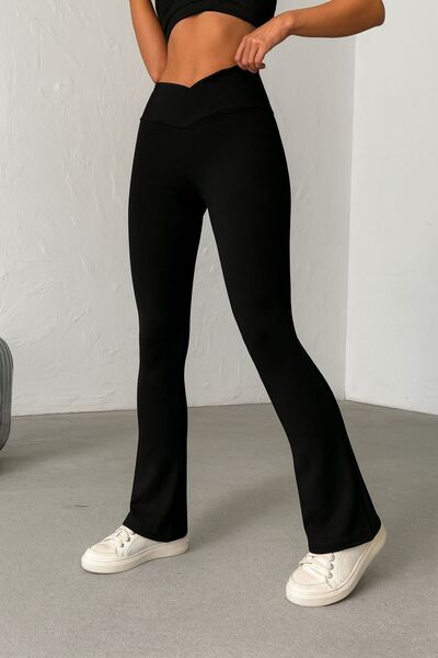 OPENDO Comfort Fabric Flared Flare Leggings Trousers with Cross Belt Detail
