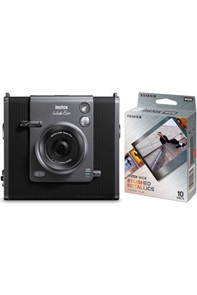 Fujifilm Instax WIDE Evo Instant Camera, Black + Film WIDE 1x10 (Brushed Metallics)