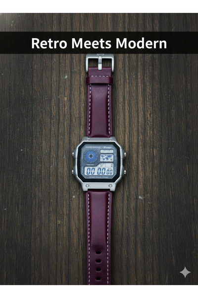 MACON Men’s Digital Sports Watch, Silver Square Black Dial, Dark Pink Leather Strap, Alarm, waterproof