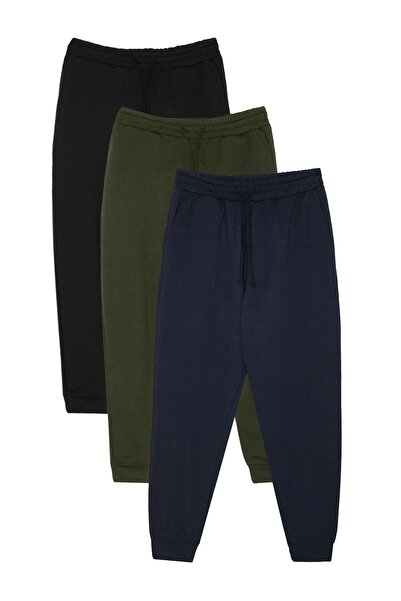 Tudors Erkek 3'lü Paket Siyah-Lacivert-Haki Regular Fit Beli Bağcıklı Jogger Cepli Lastikli Paça Eşofman Al