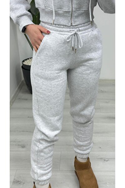 TUNAM BUTİK 1005 Three Thread Ş Fleece-Lined Jogger Melange Gray
